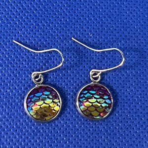 Red Blue and Yellow Iridescent Mermaid Scales Drop Pierced Earrings
